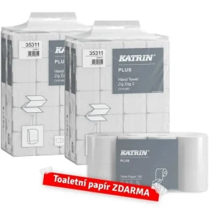 AKCE - 2x Skládaný papírový ručník ZZ Katrin Plus Classic Handy Pack V-Fold 35311 - dvouvrstvý, 22,4x23 cm, celulóza, 4000 ks + Toaletní papír Katrin 16525 ZDARMA Rychlé Dodání
