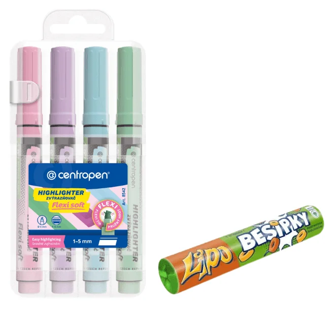 AKCE - Zvýrazňovač Centropen Highlighter Flexi Soft 8542/4 - klínový hrot, 1-5 mm, sada 4 ks + bonbóny Besipky ZDARMA Ověřený