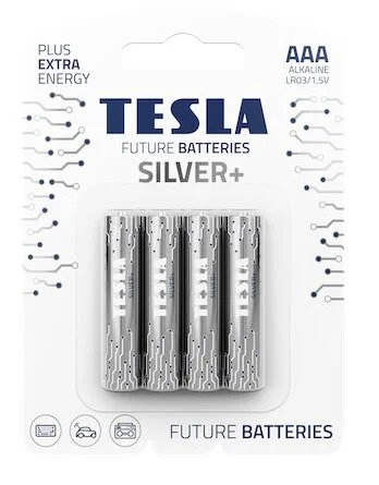 Nová Kolekce Alkalické baterie Tesla SILVER+ 1,5 V - mikrotužka, LR03, typ AAA, 4 ks