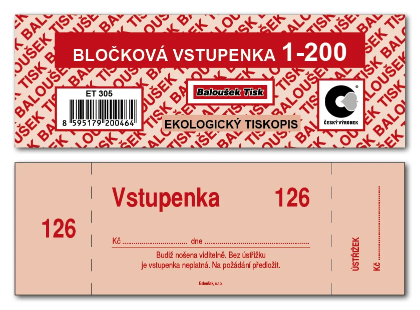 Top Prodej Bločková vstupenka ET305 - 13,3x3,9 cm, 200 listů
