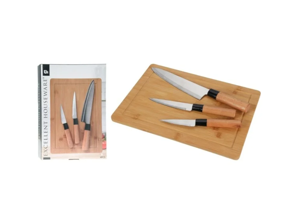 EXCELLENT HOUSEWARE Sada kuchyňských nožů s prkénkem 4 ks bambus KO-C80652970 Originální