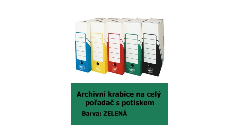 Nejprodávanější Krabice archivační na celý pořadač HIT, zelená s potiskem, 33x30x10cm, 261.02
